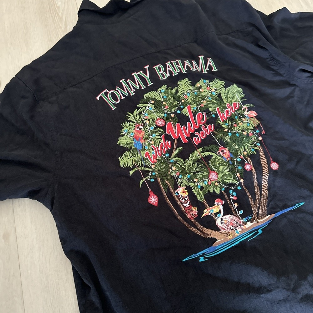 Tommy Bahama Men Embroidered Wish Yule Were Here Button Shirt Black Christmas L